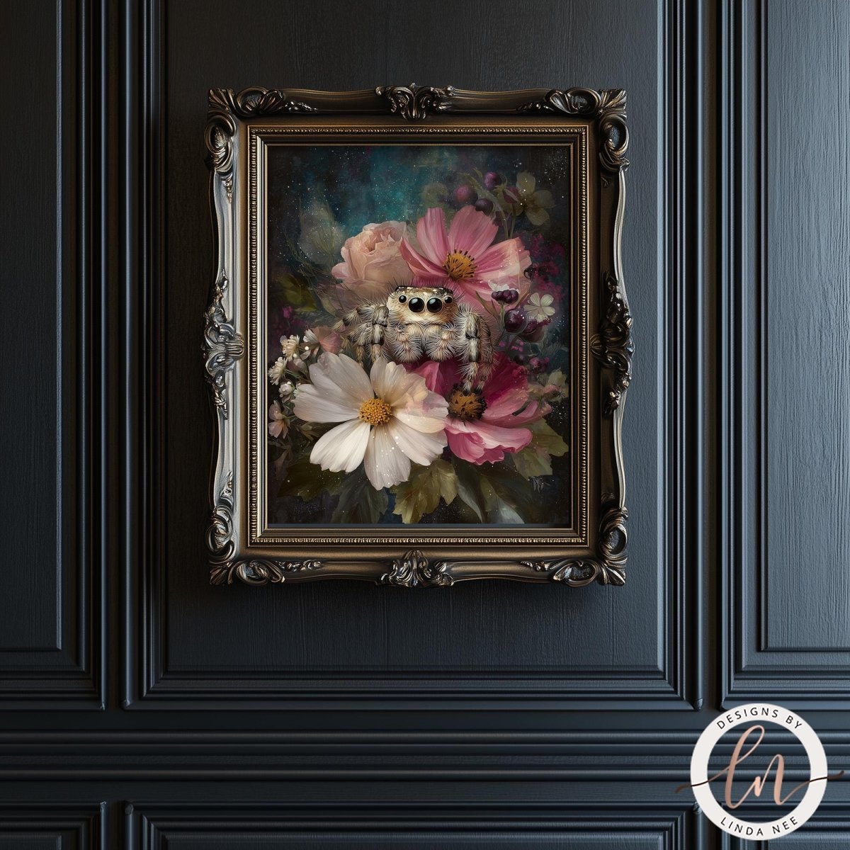 a framed painting of a spider sitting amidst a bouquet of flowers, including white and pink blooms, against a dark background.