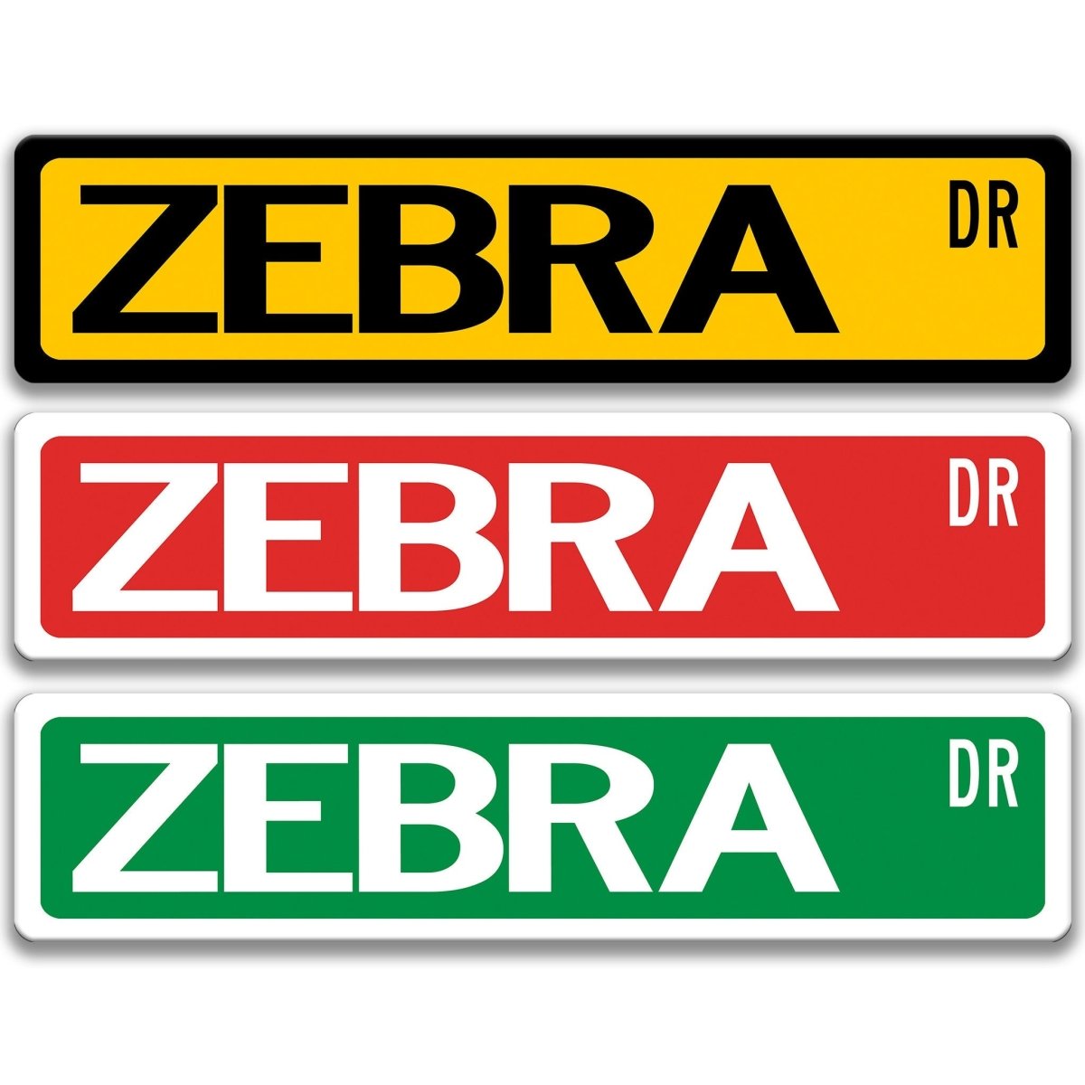Zebra Metal Street Sign in yellow, red, and green, reading ZEBRA DR