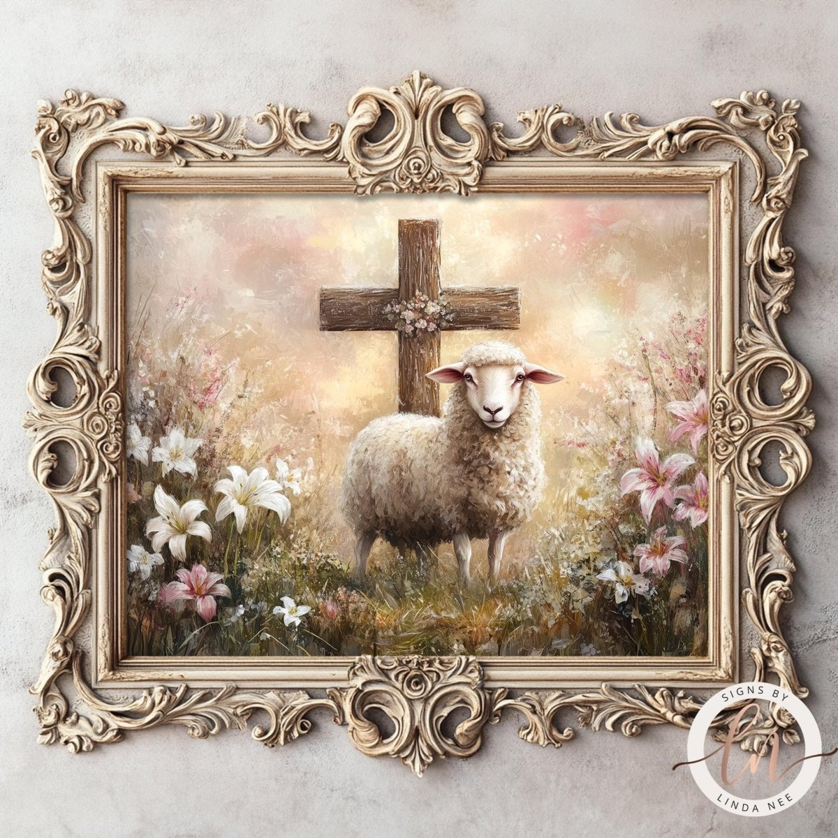 Gentle lamb standing before a rustic wooden cross with lilies