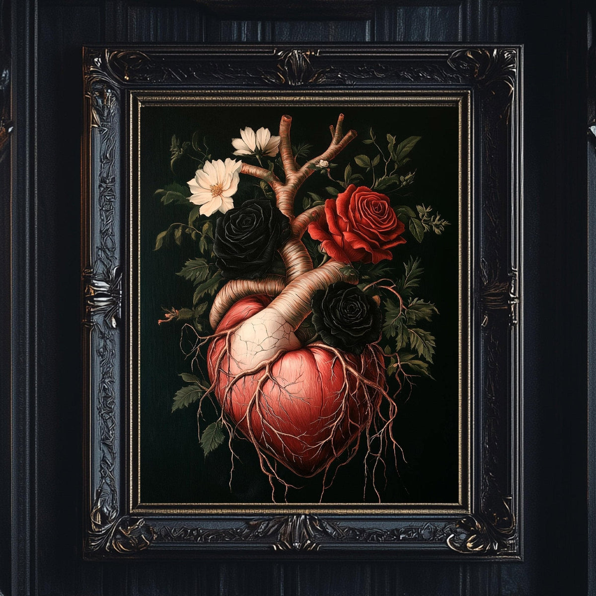 The image is a framed painting depicting a heart with a red rose, black rose, and white flower growing out of it, surrounded by green leaves and branches.