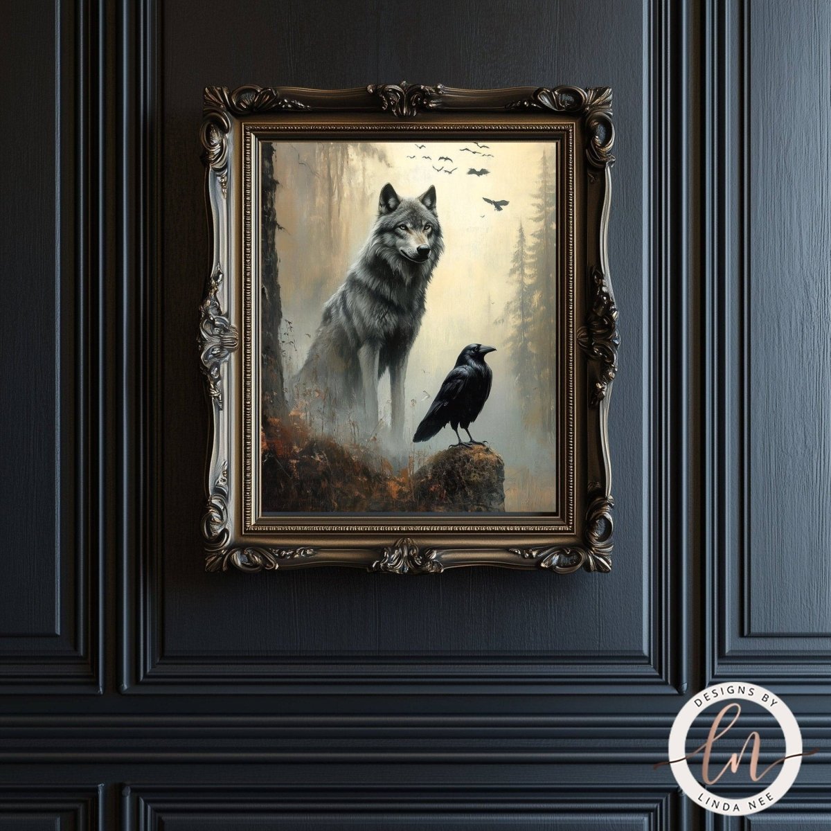 Gray wolf and crow painting mounted on a dark wooden panel