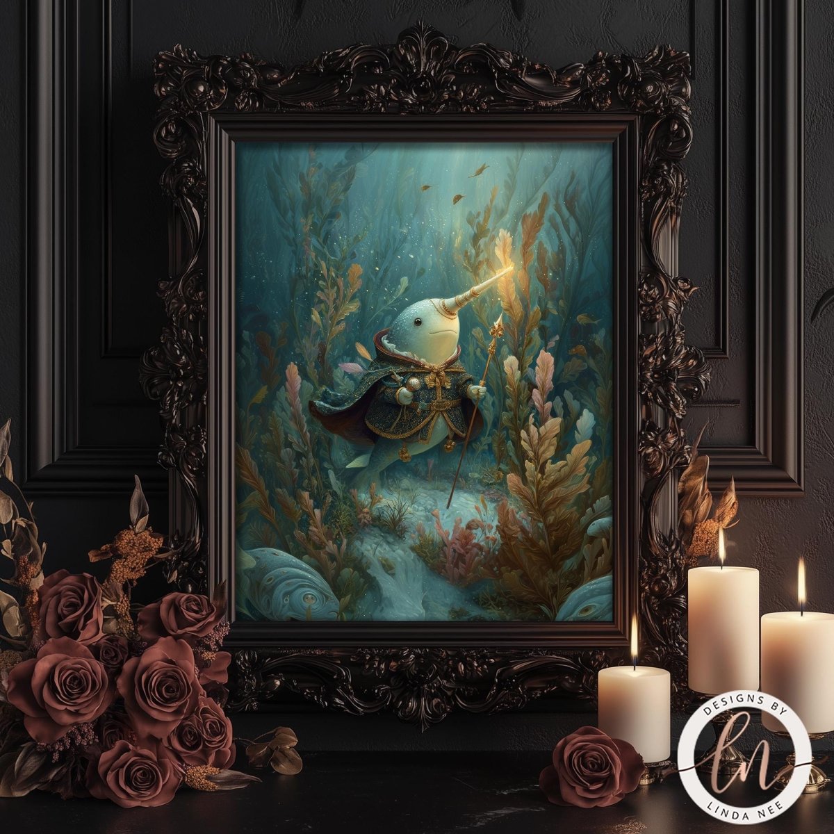 a painting of a mermaid with a long fish-like object in her mouth, surrounded by a lush underwater scene with plants and rocks. The painting is displayed in an ornate frame, and there are candles and roses arranged in the foreground.