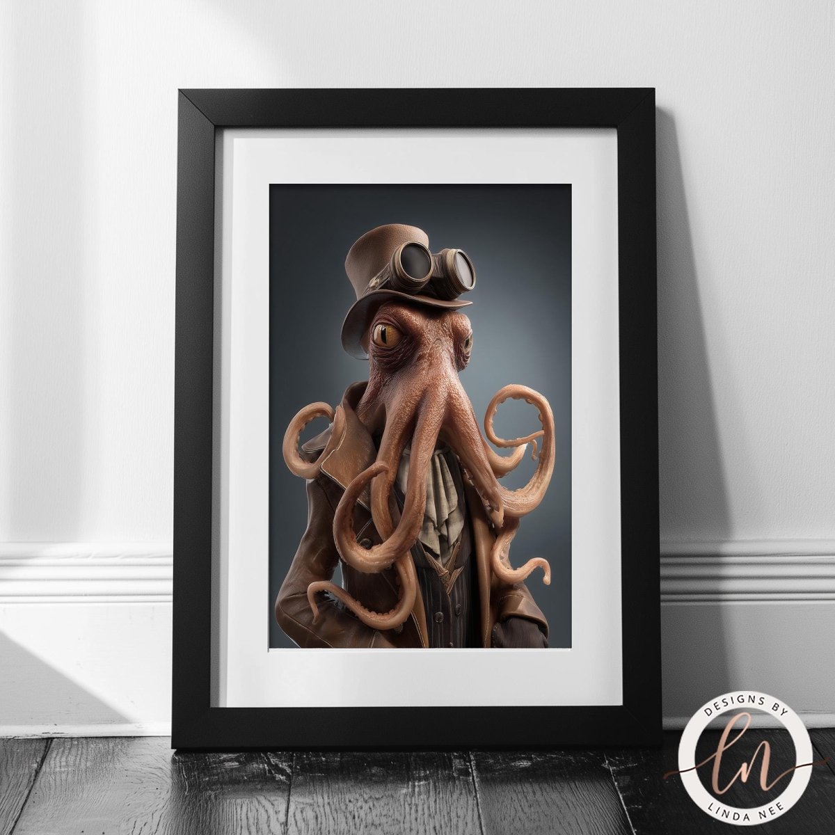 A framed image depicting an octopus wearing a top hat and goggles, with long tentacles extending from its body.