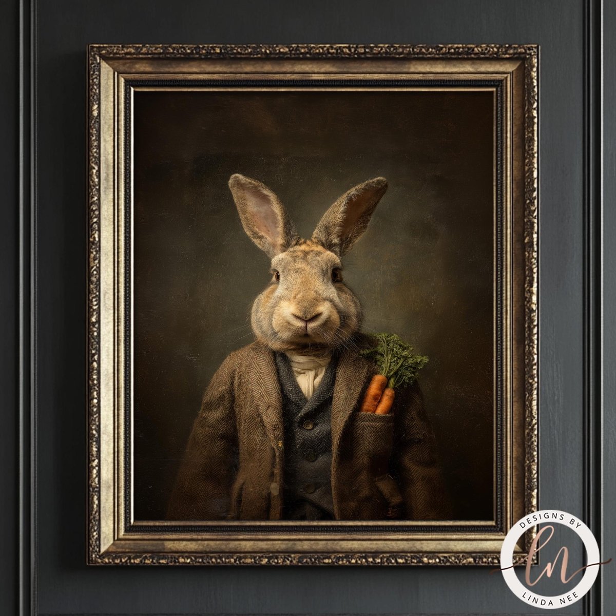 A painting of a rabbit wearing a suit and holding a carrot, set within an ornate gold frame.