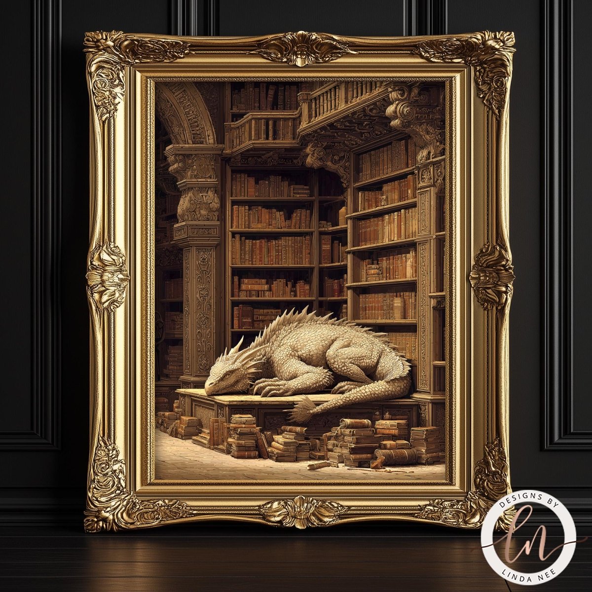 A large, ornate gold frame containing a detailed illustration of a dragon resting on a stack of books in a library setting.