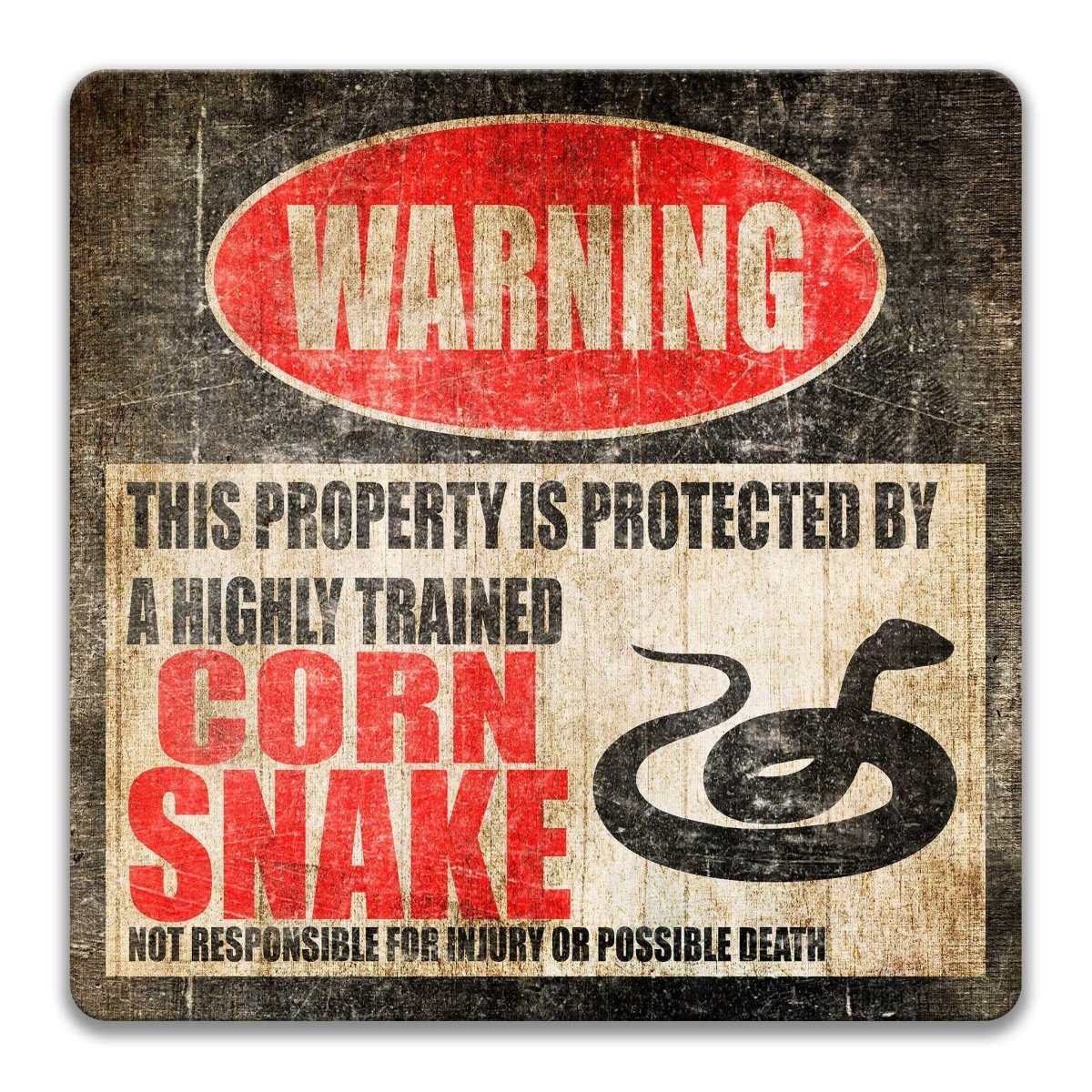 Corn Snake warning sign, red WARNING banner and large corn snake silhouette, funny Corn Snake lover gift, aluminum with rounded corners