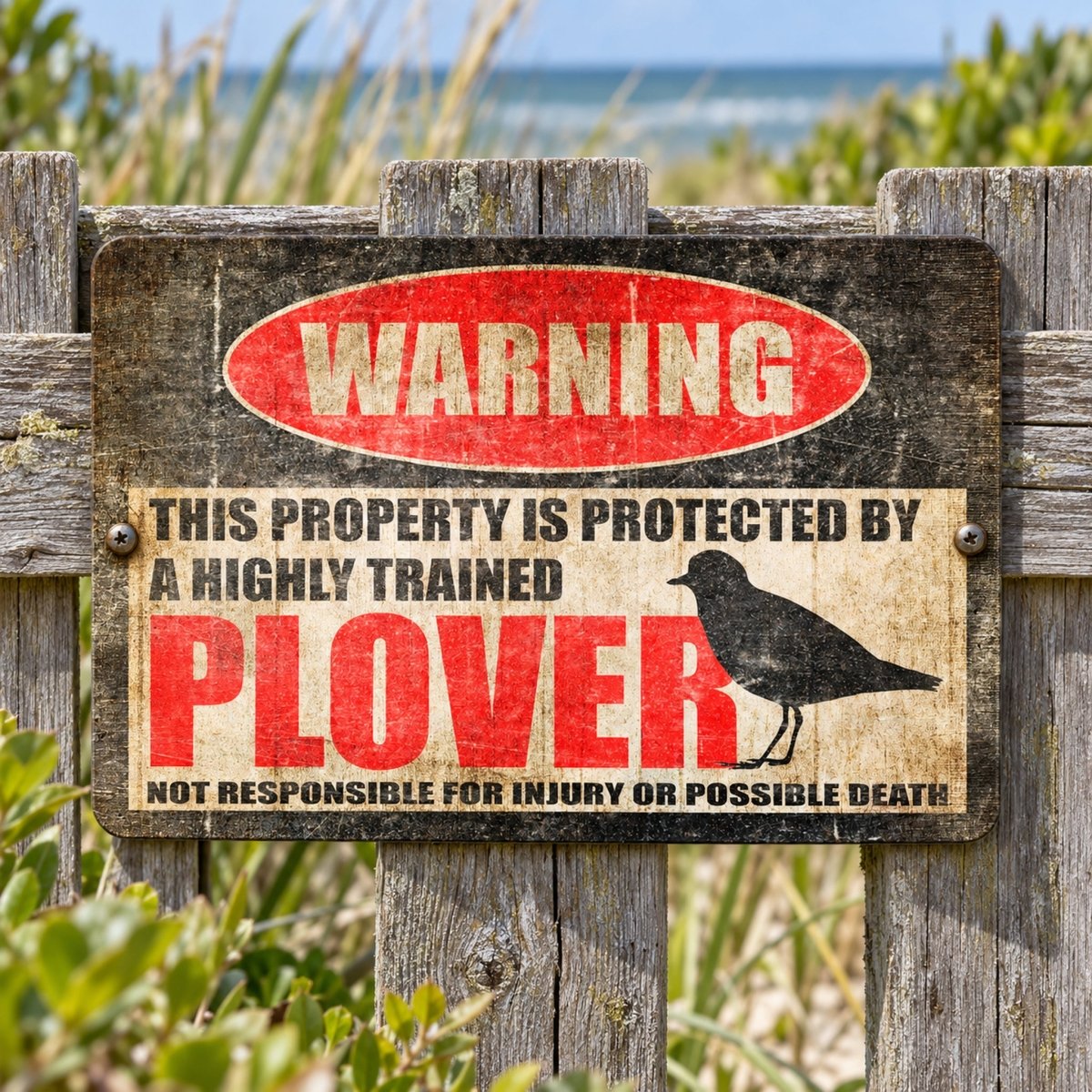 Highly trained plover warning sign on aluminum with a not responsible for injury or possible death line below the bird