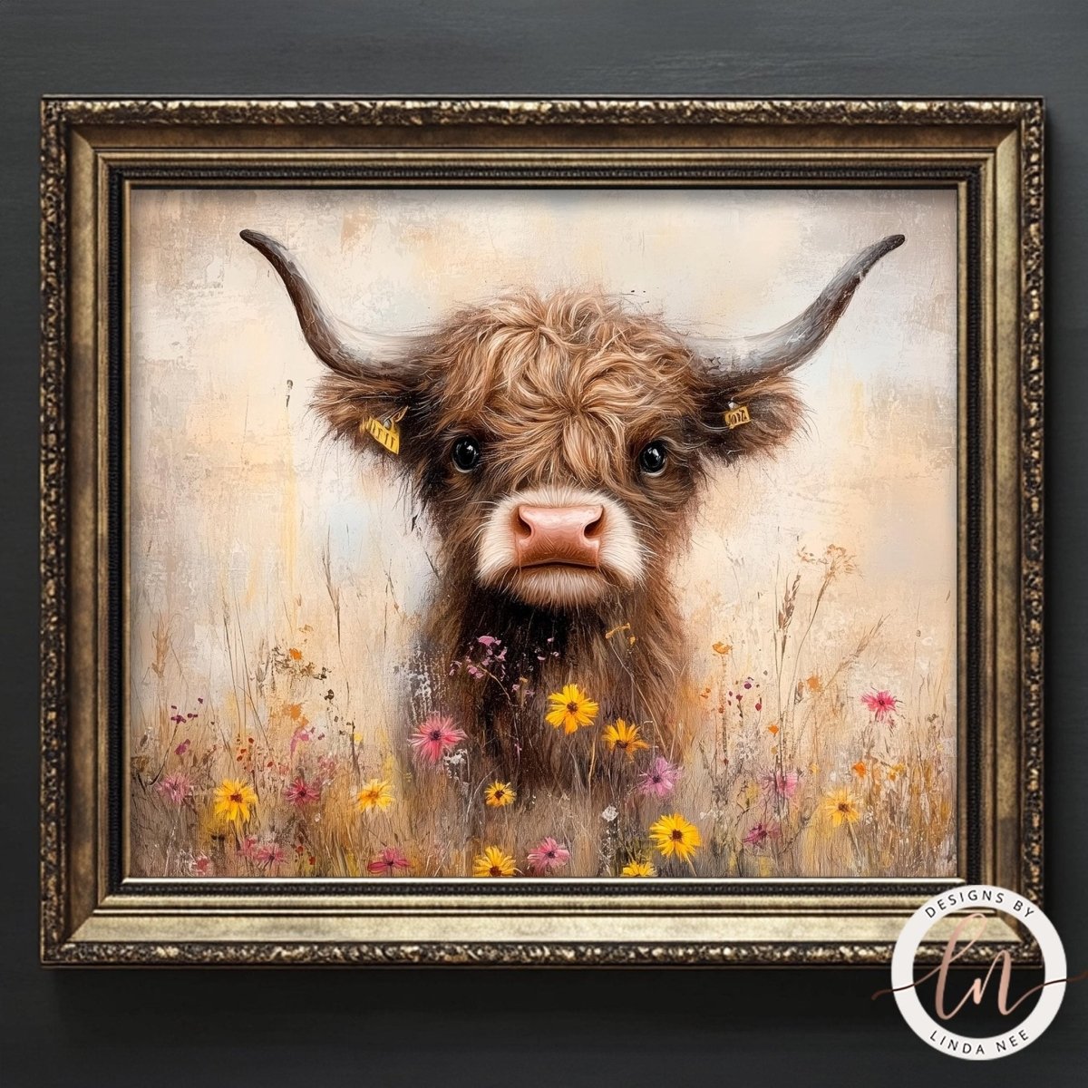 A framed painting depicting a close-up of a cow's face with large horns, surrounded by a field of colorful wildflowers.