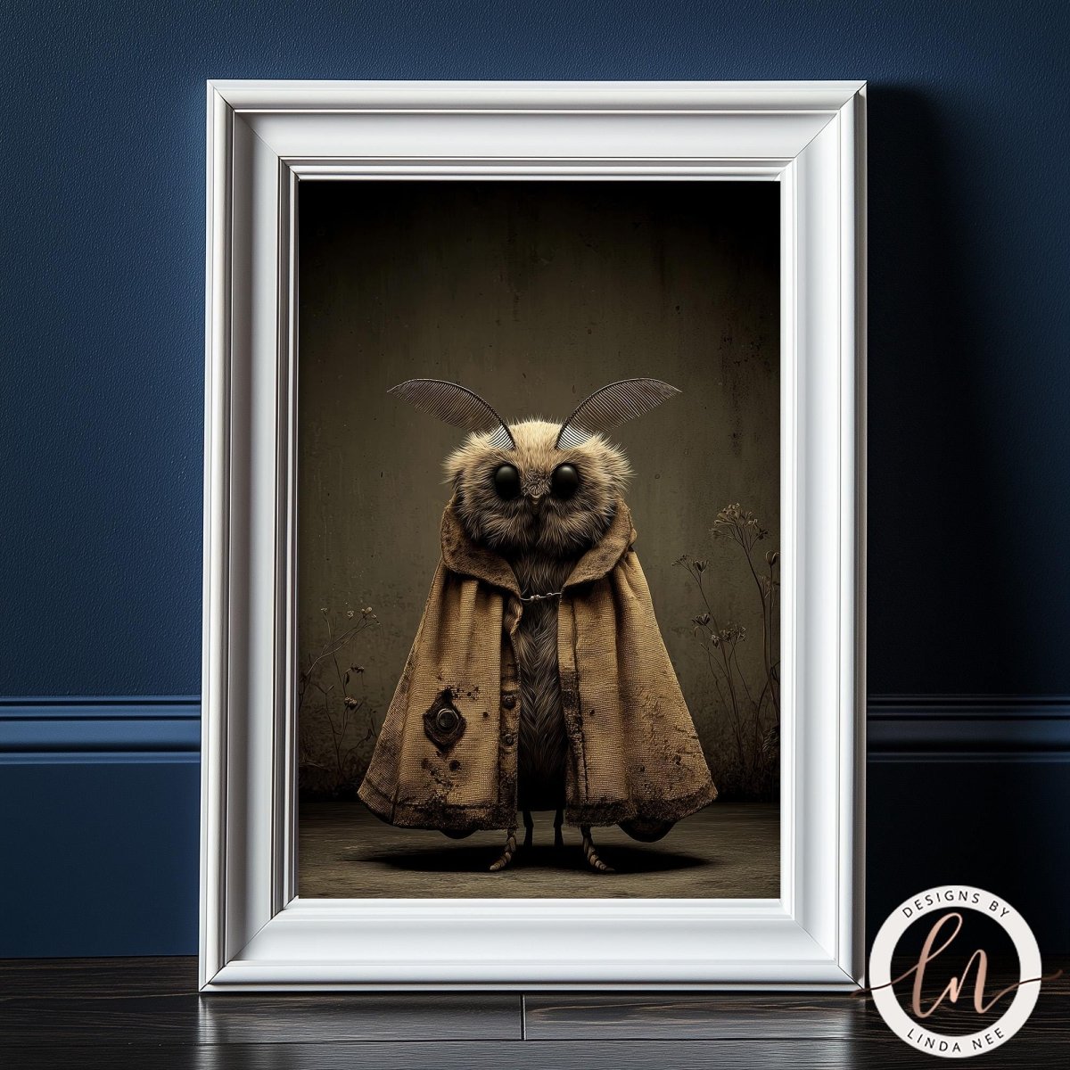 A framed image depicting a moth with a brown coat and large ears, standing against a dark background.