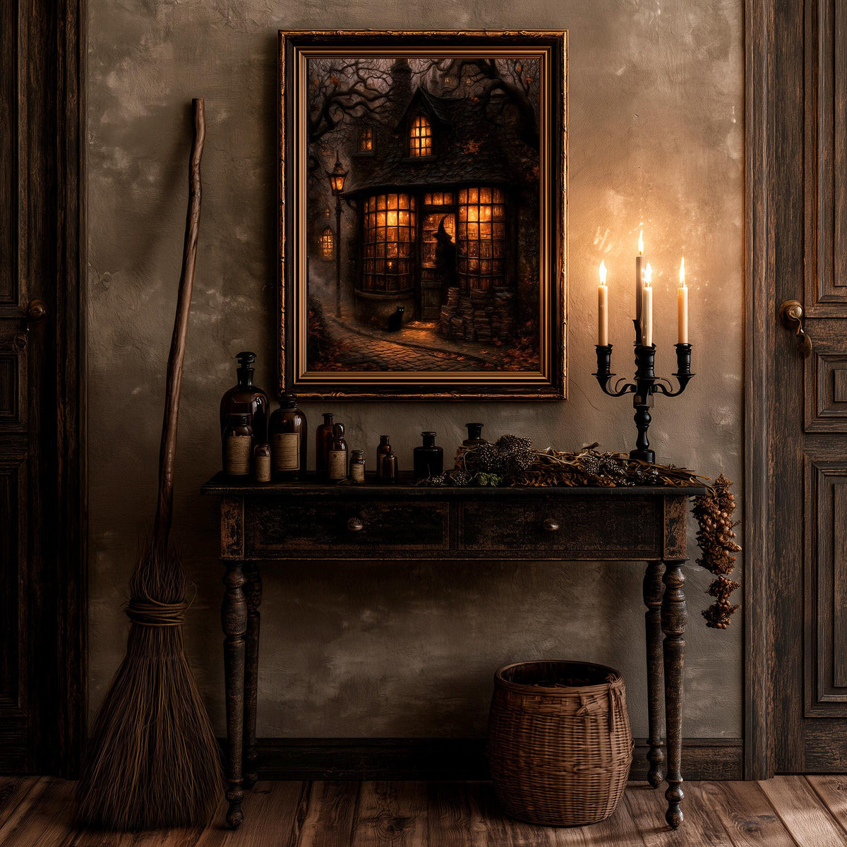 Dark academia bookshop print above a table with a candelabra, bottles, and a broom