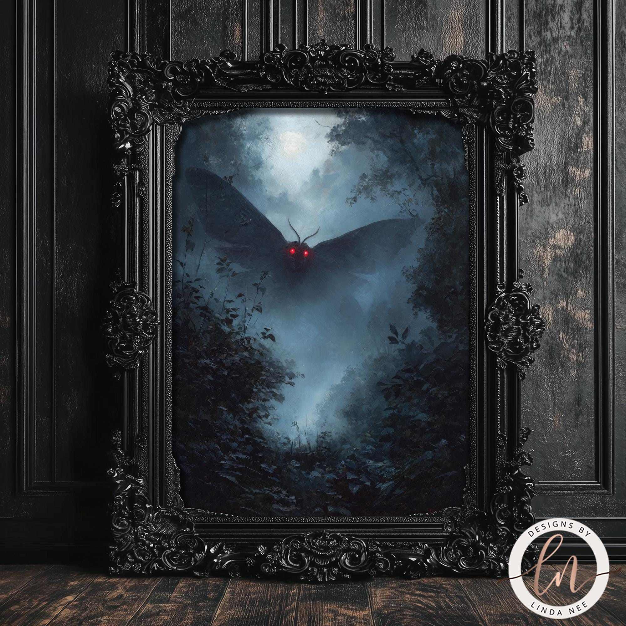 a dark, mysterious scene with a large moth-like creature with glowing red eyes and wings, surrounded by a misty, foggy forest.