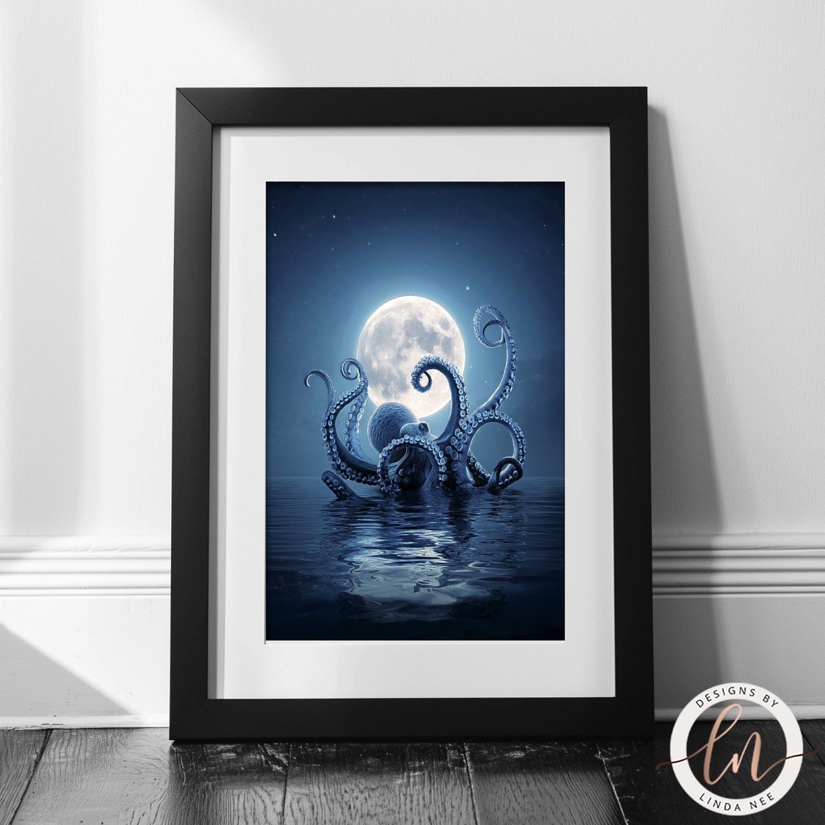 The image is a framed artwork depicting an octopus with tentacles reaching towards a full moon in a dark blue night sky.
