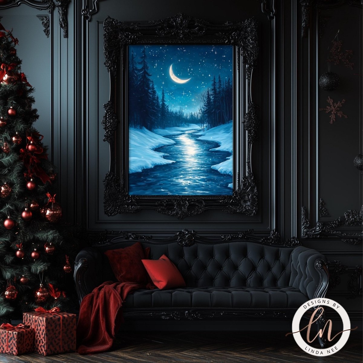Crescent moon and river artwork displayed in a cozy living room