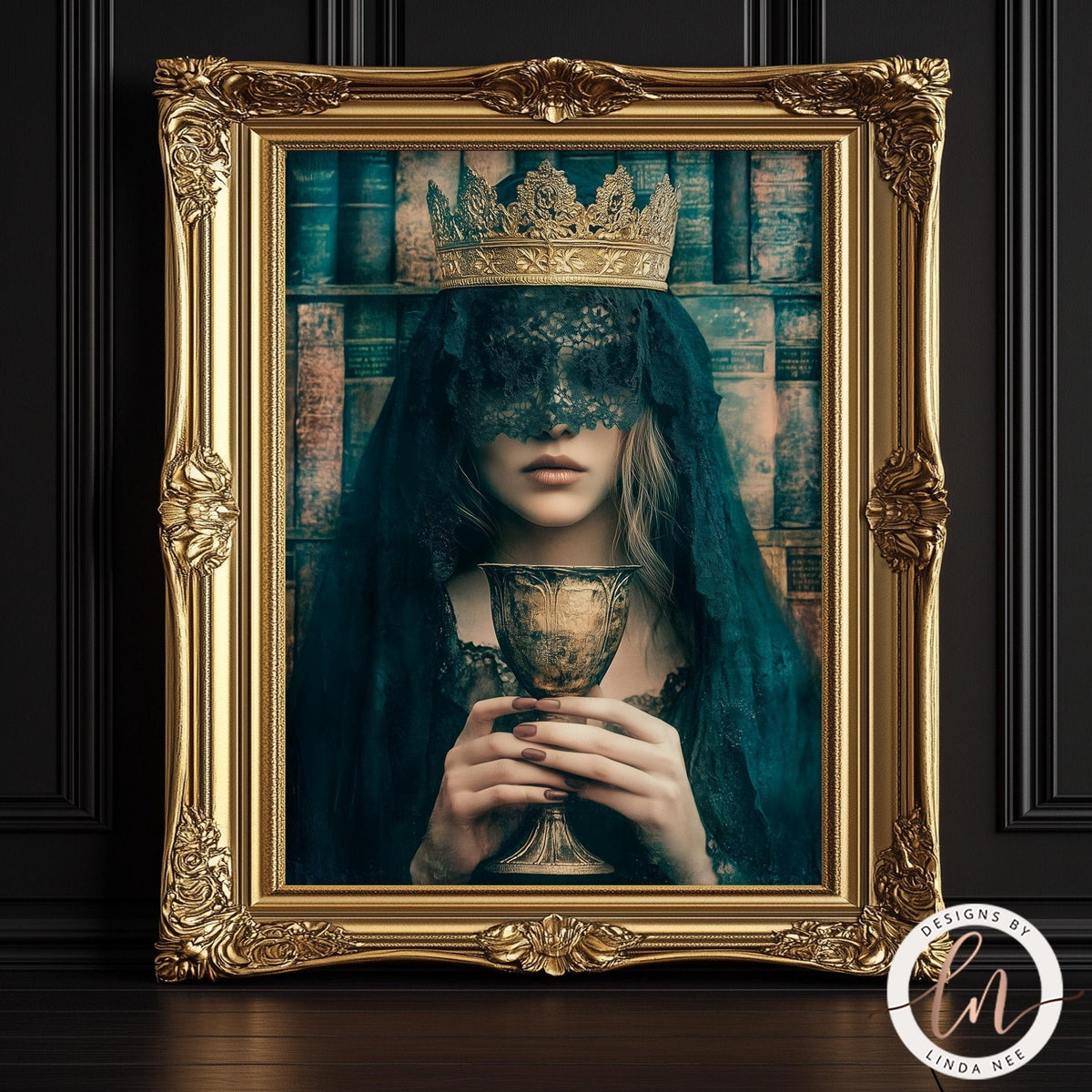 A woman wearing a crown and veil holds a chalice, with a dark background and a bookshelf in the background.