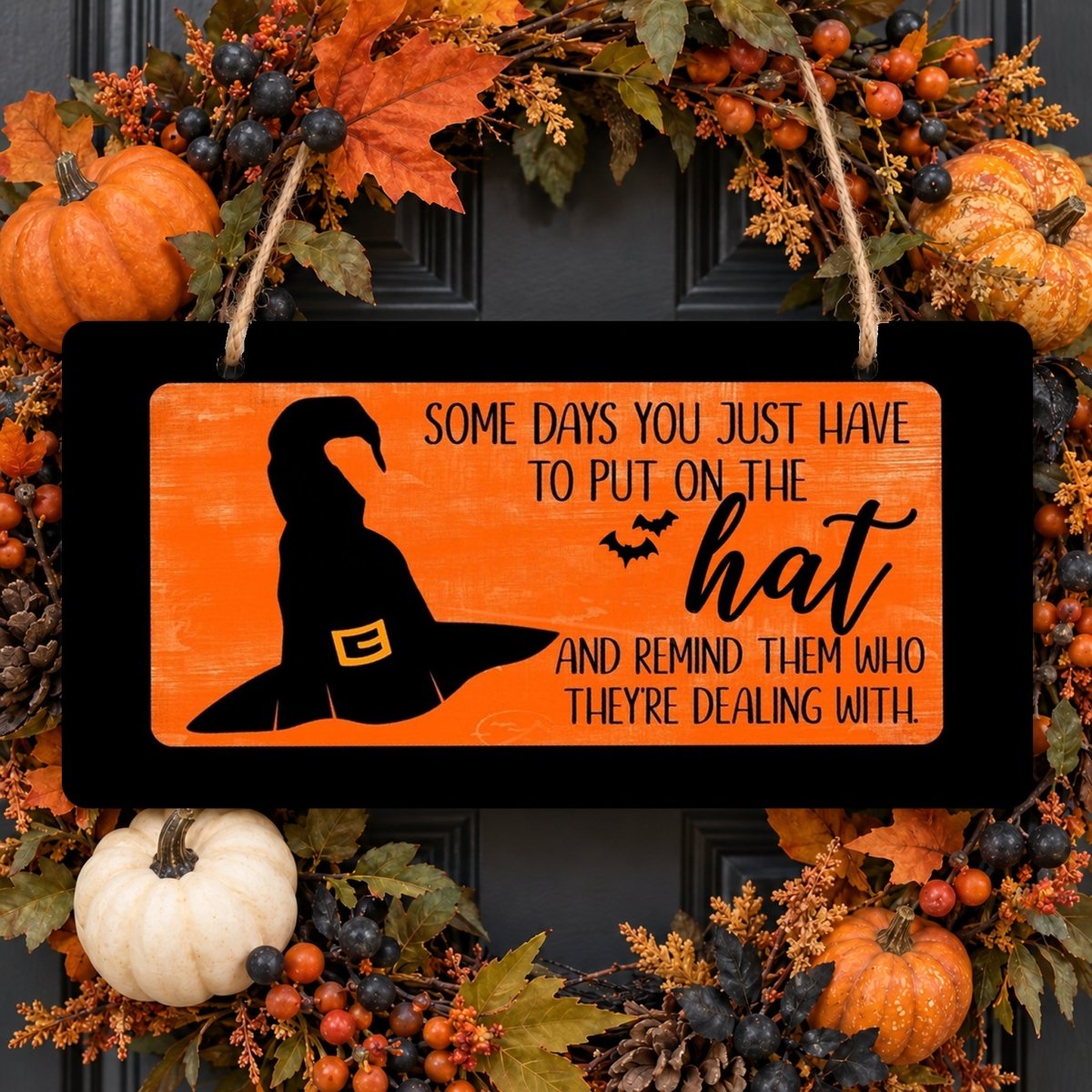 Orange Put On the Hat sign centered in a door wreath