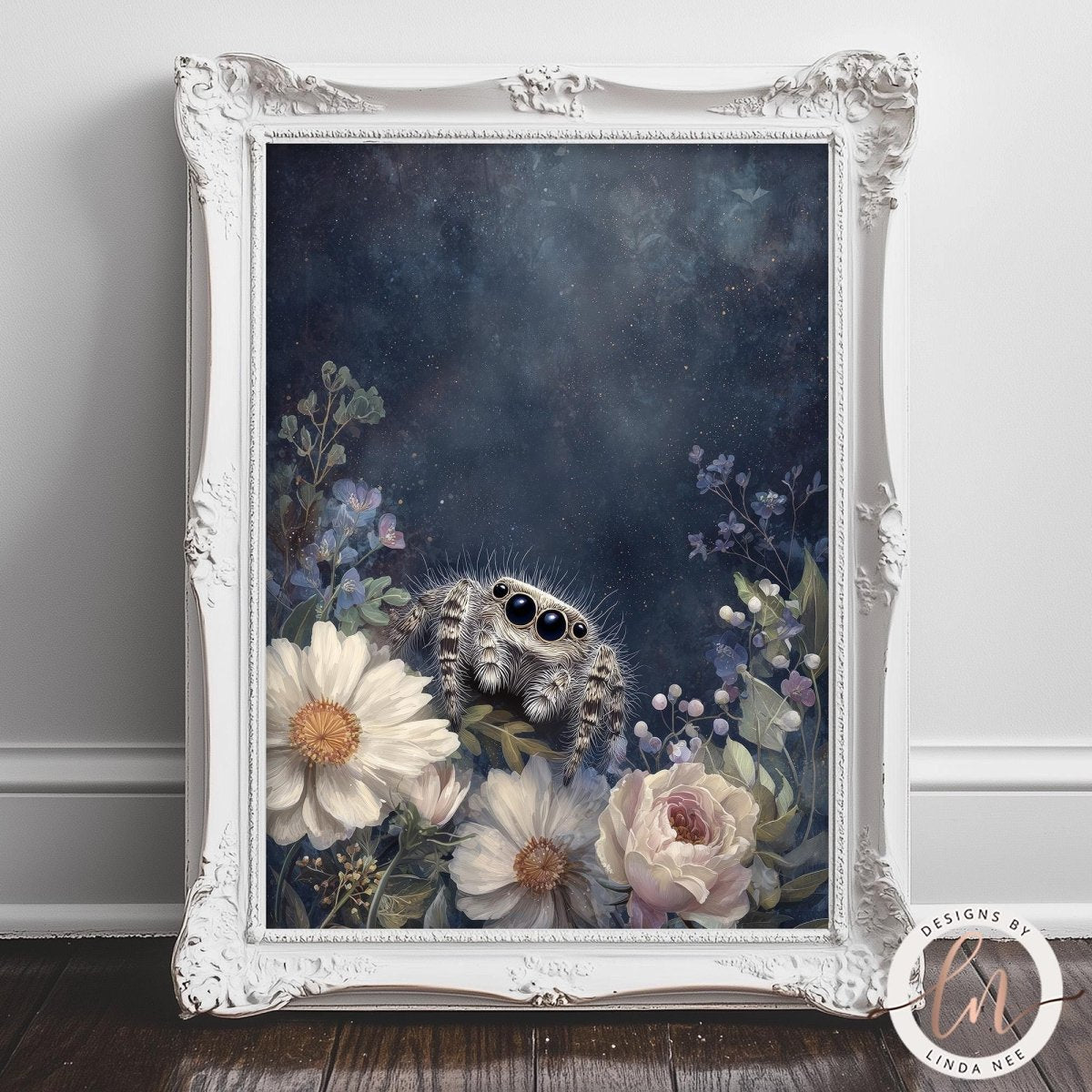 A framed artwork depicting a spider sitting amidst a floral arrangement of white and pink flowers, with a dark blue background.