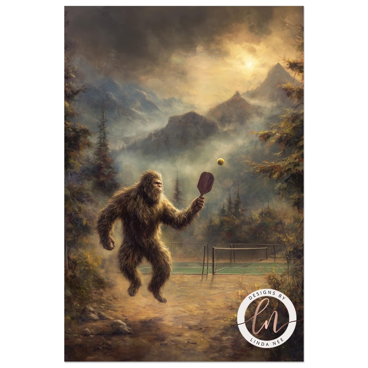A large, furry creature resembling a Sasquatch is shown in mid-air, holding a paddle and preparing to hit a ball on a tennis court set in a forested area with mountains in the background.