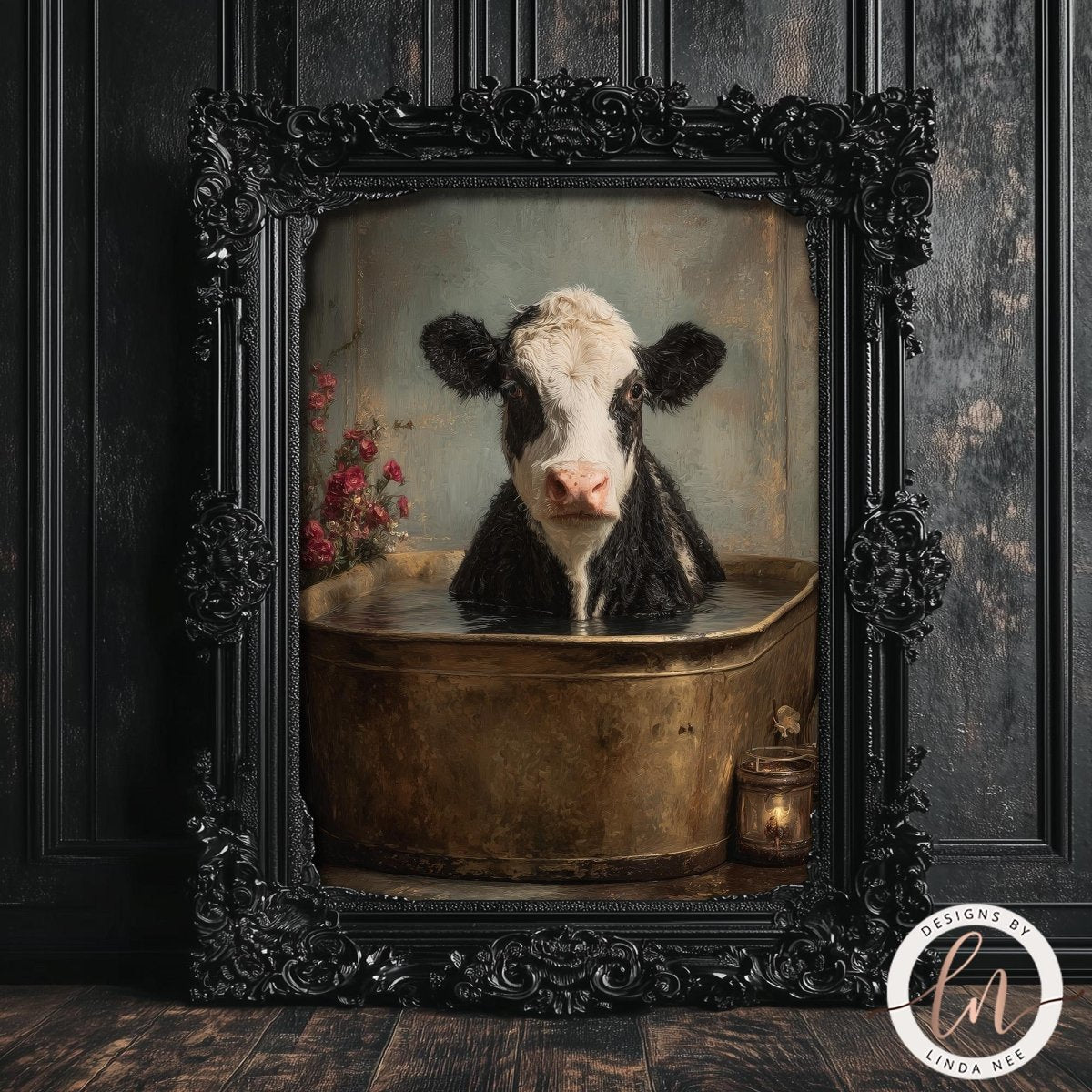 A black and white cow is sitting in a large metal tub, surrounded by flowers and a candle, within an ornate black frame.