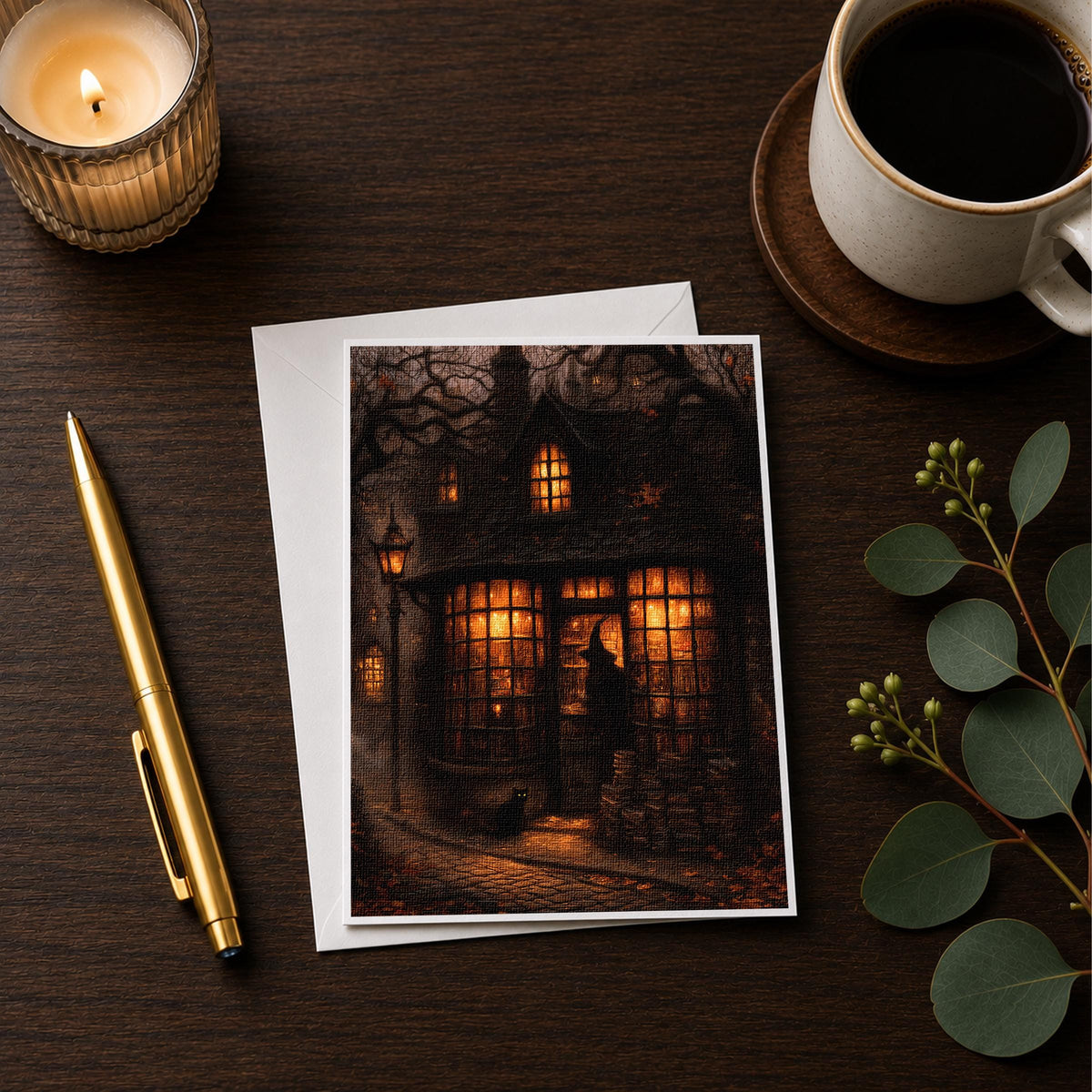 Haunted bookshop note card styled on a wooden desk with a candle, a coffee cup and a pen