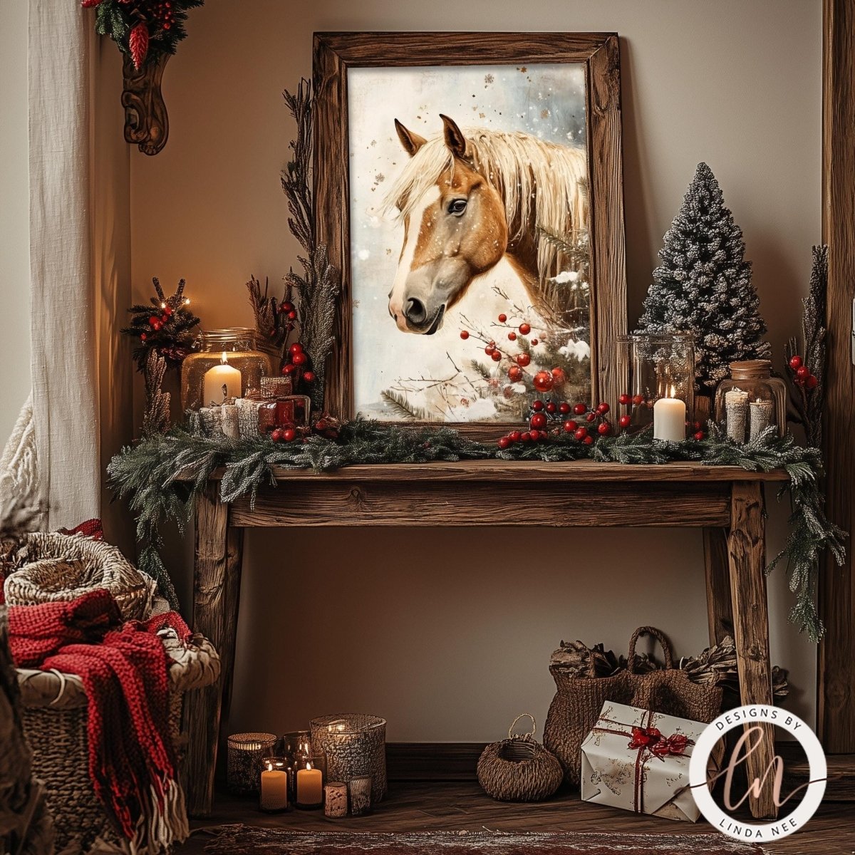 a wooden table with a framed picture of a horse, surrounded by holiday decorations such as candles, berries, and a Christmas tree.