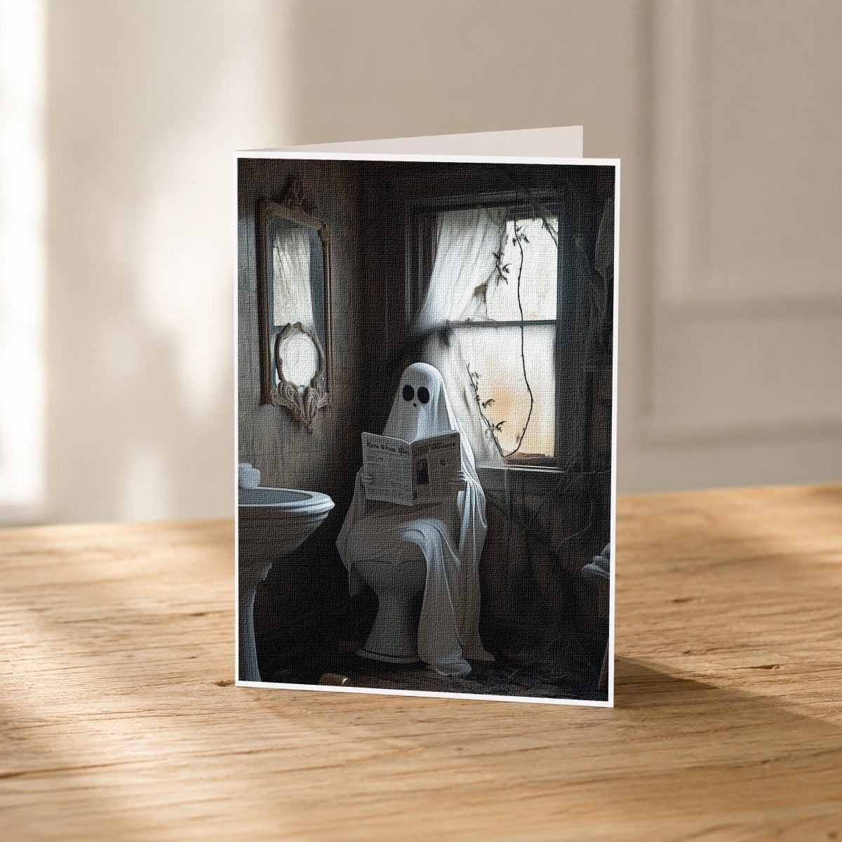 5x7 funny ghost bathroom blank note card standing upright showing its linen texture