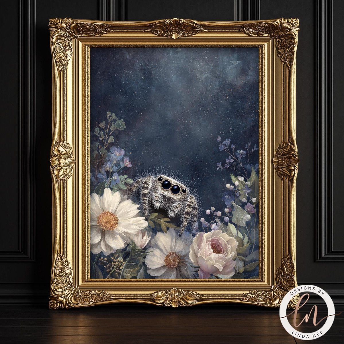 A detailed illustration of a spider with large eyes and a fuzzy body, surrounded by a variety of colorful flowers and plants against a dark, starry background.