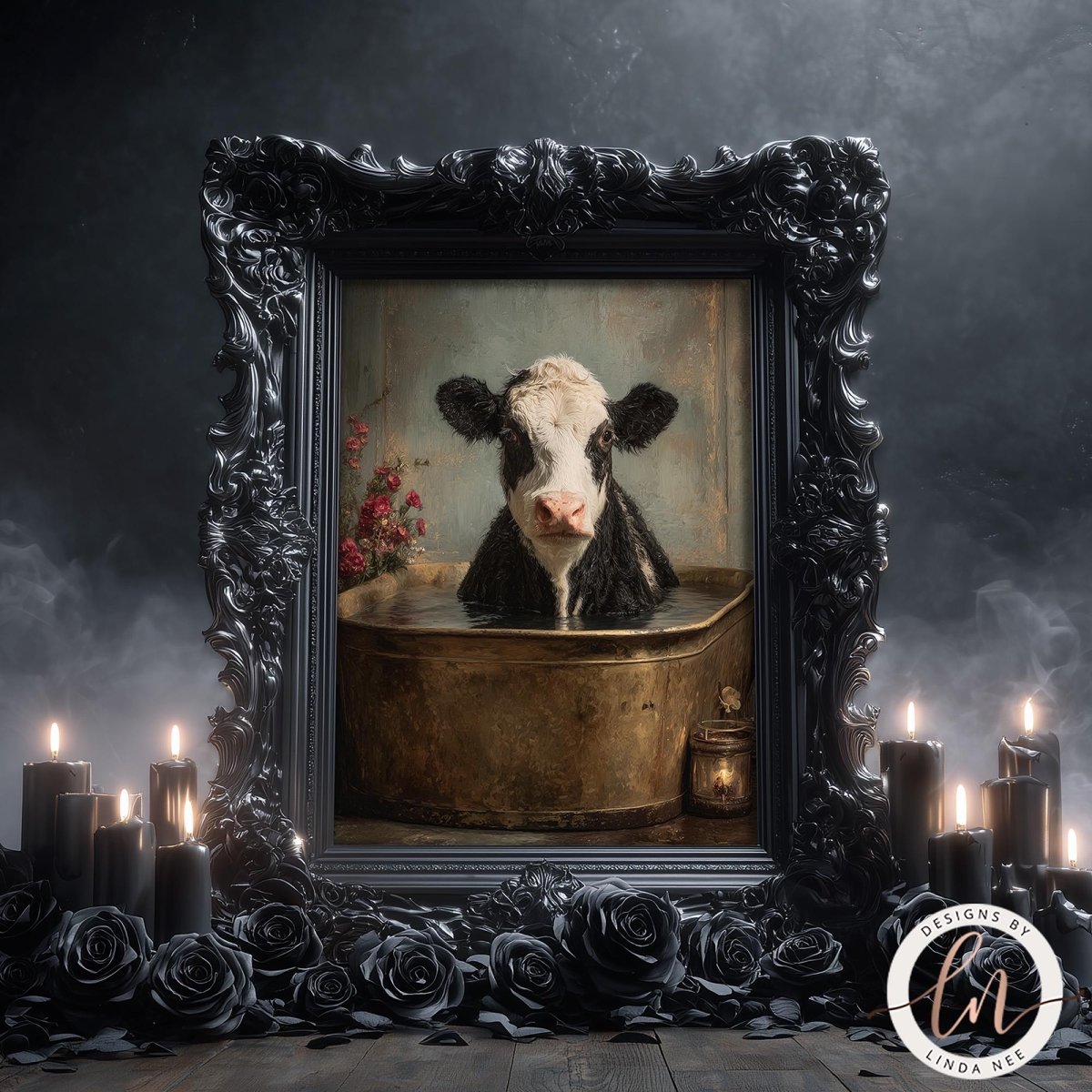 A black and white cow is sitting in a bathtub, surrounded by candles and roses, with a dark, moody background.