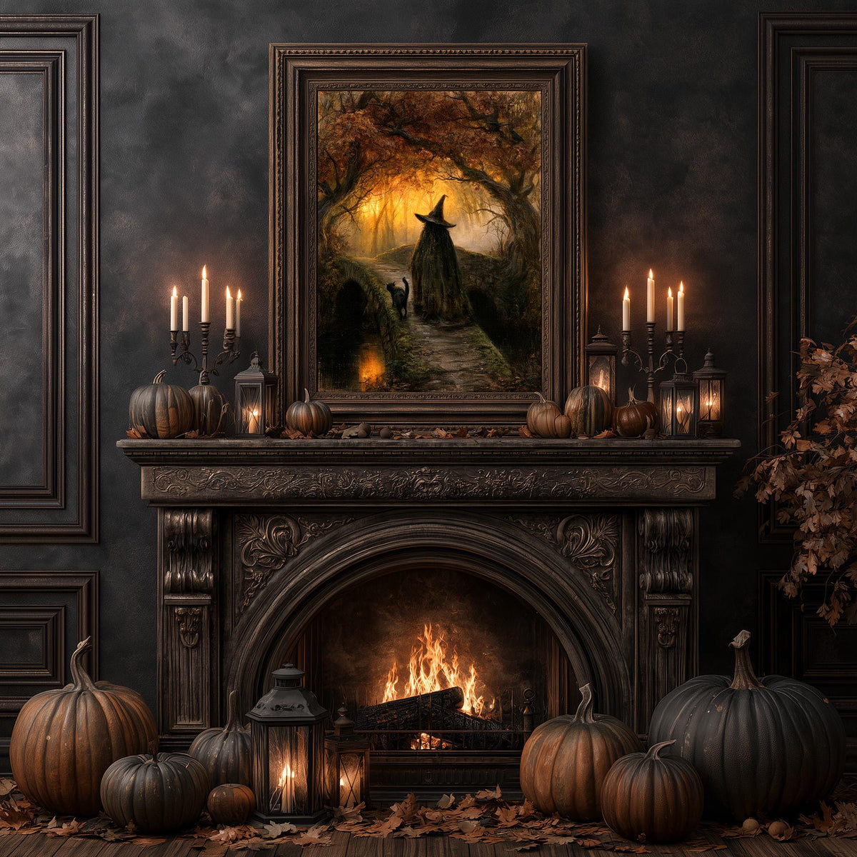 Fireplace mantel styled with pumpkins, candles, and the autumn witch wall art