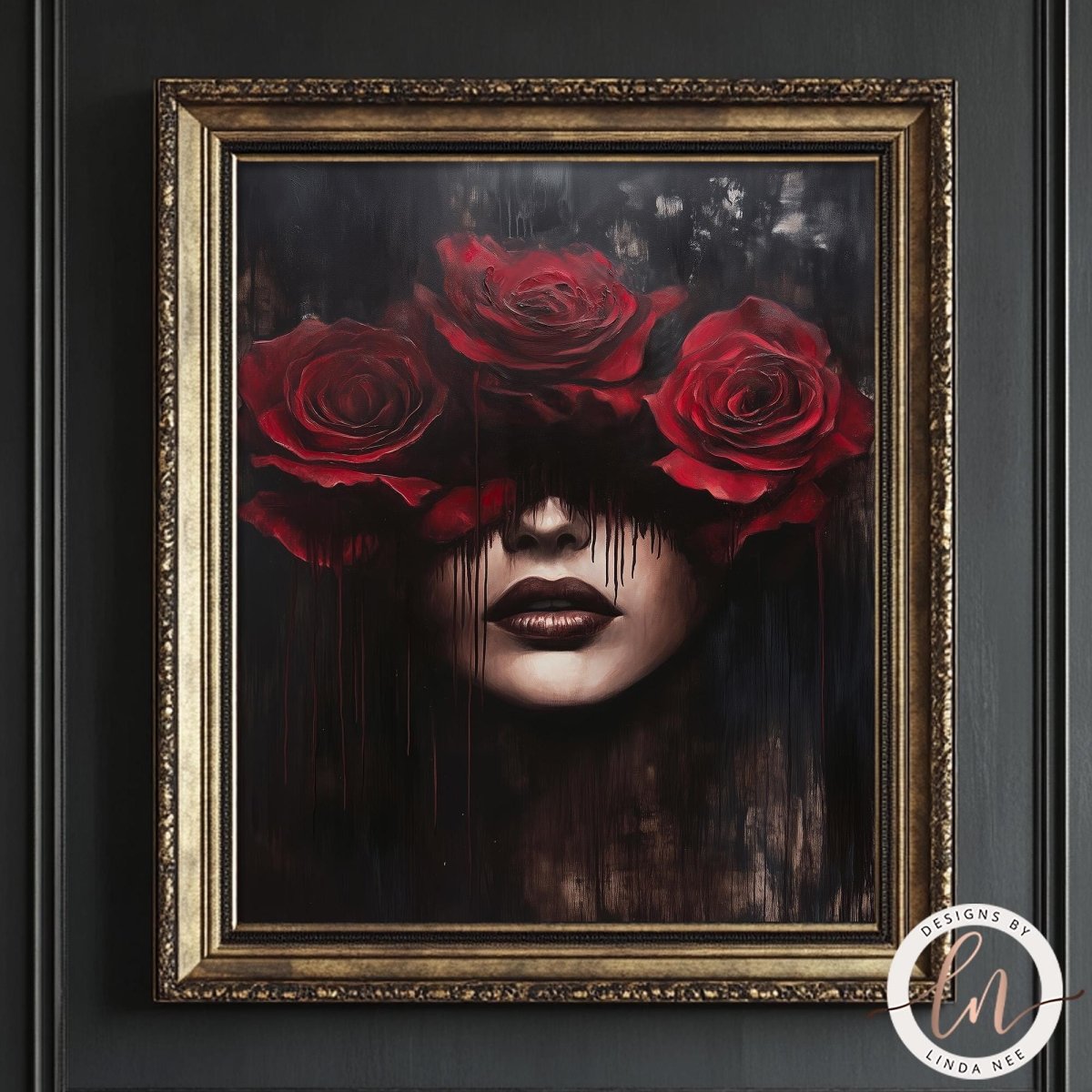 A surrealist digital painting of a woman's face from the nose down, with her eyes completely covered by three large, blooming red roses. Dark red liquid or paint drips down from the roses across her face and into the dark, textured background. The style is moody and painterly with a gothic, dark academia aesthetic.