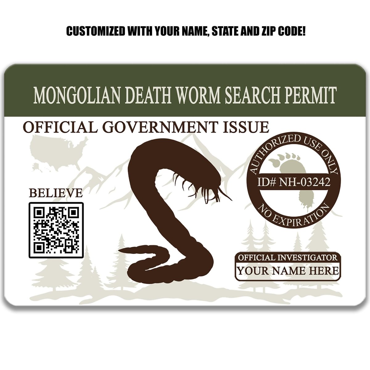 The image is a custom-made death worm search permit, featuring a brown silhouette of a snake and a QR code. The permit is designed to be personalized with the user's name, state, and zip code.
