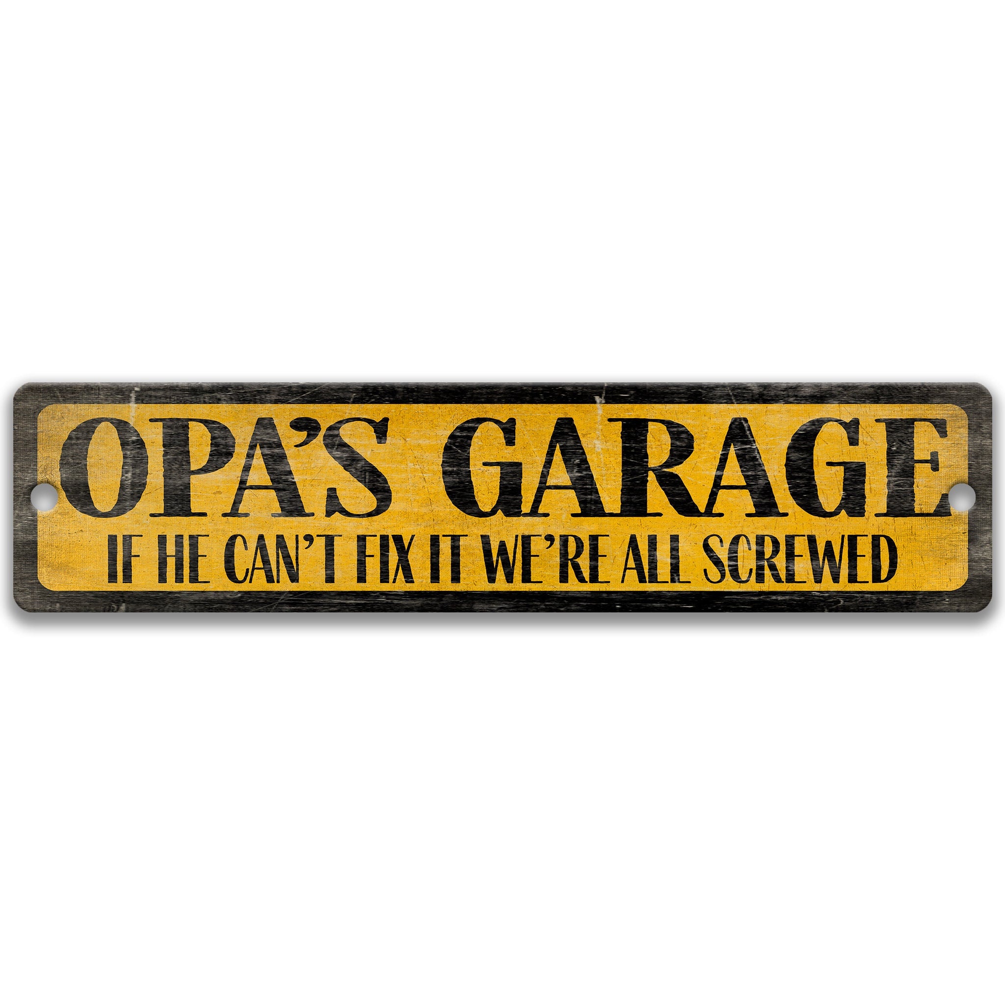 The image is a sign with the text "OPA'S GARAGE" in black letters on a yellow background.