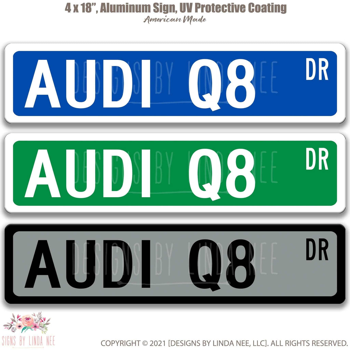 Audi Q8 DR street name sign shown in three aluminum color options