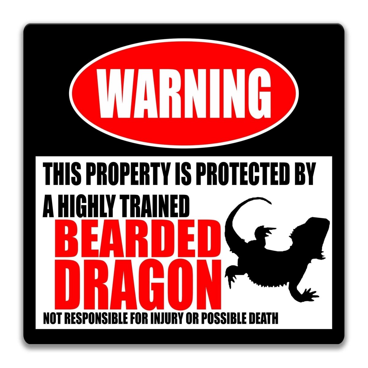 Bearded Dragon warning sign, red WARNING banner and large bearded dragon silhouette, funny Bearded Dragon lover gift, aluminum with rounded corners
