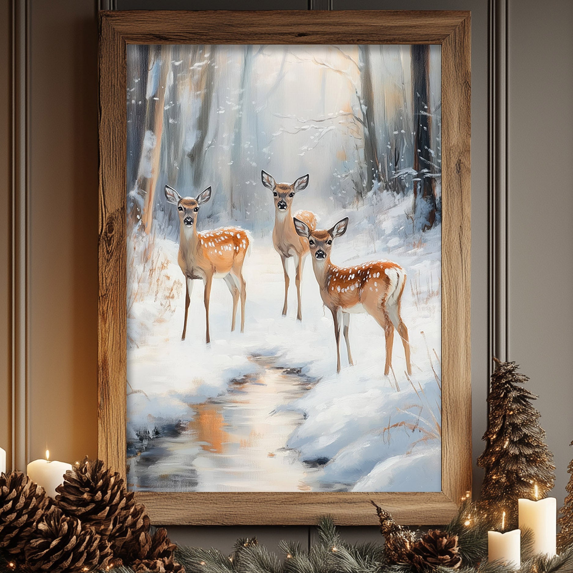 Deer in Snowy Forest Wall Art - Metal & Fine Art Holiday Decor