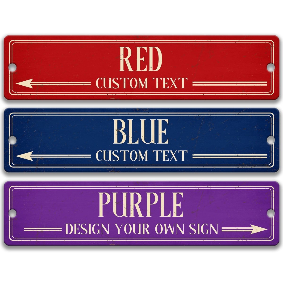 three rectangular signs with arrows pointing to the left, each with a different color and text. The signs are labeled "RED", "BLUE", and "PURPLE" respectively.