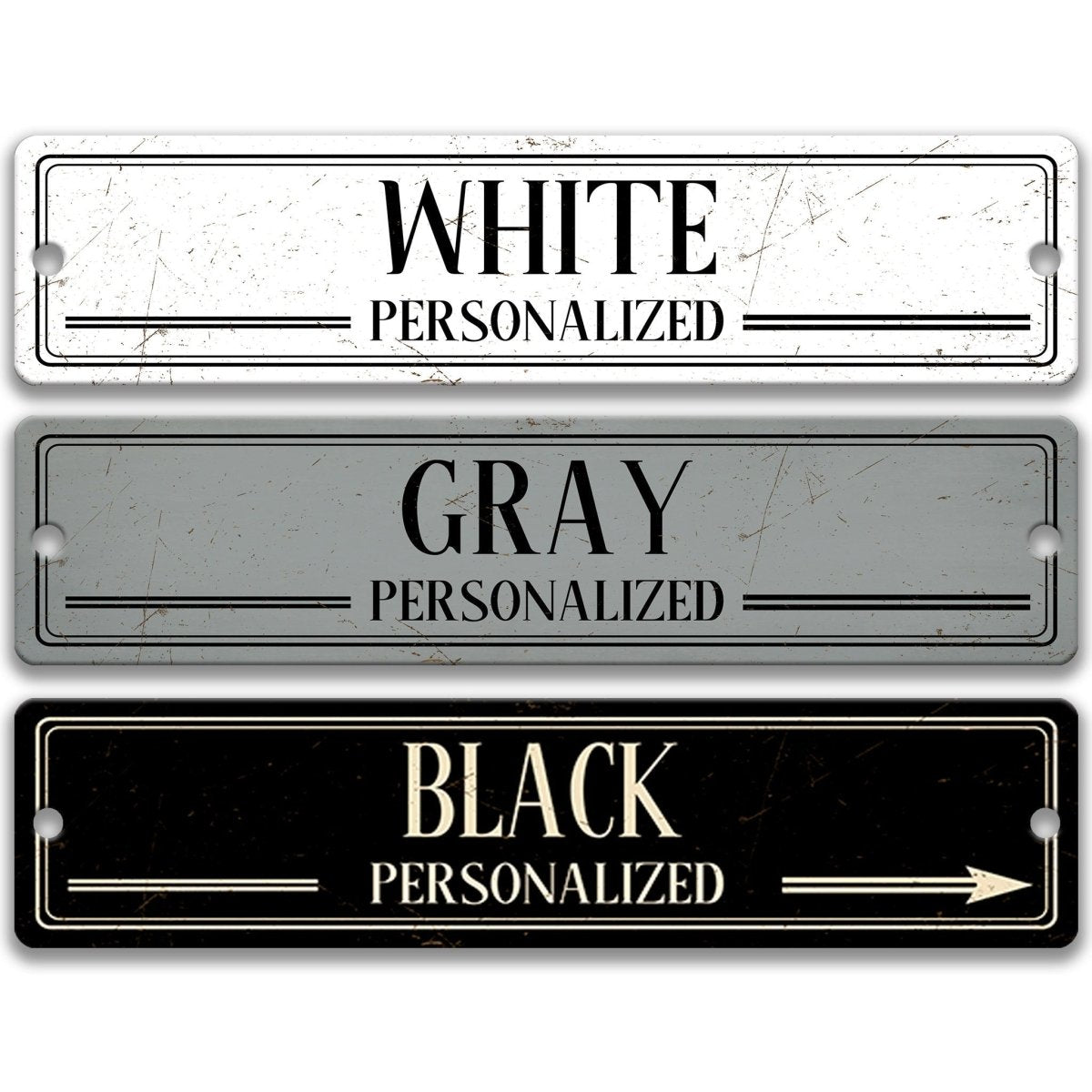 three rectangular signs with different color schemes and personalized text, indicating that they are personalized.