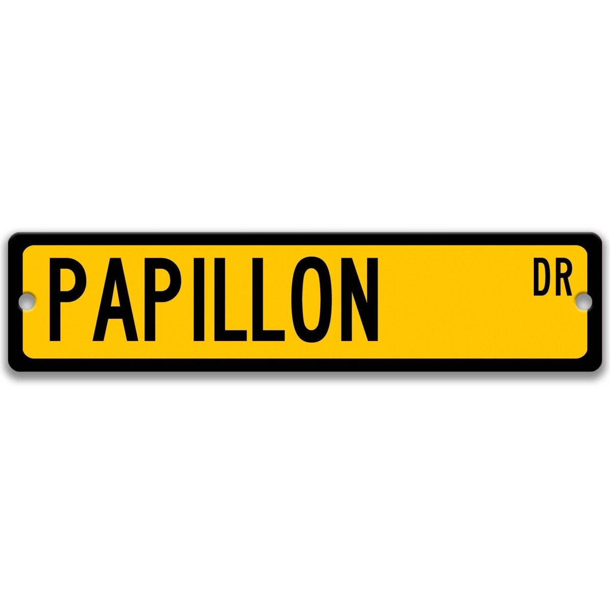 Yellow Papillon DR aluminum street sign with black lettering