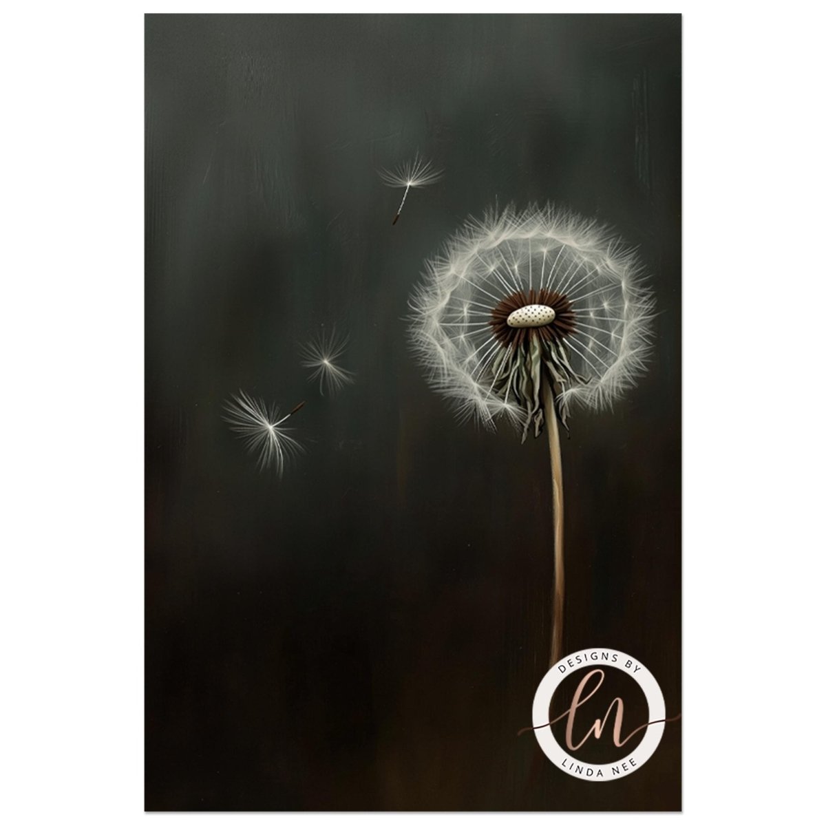 Dandelion seed suspended in dark air with fine translucent detail