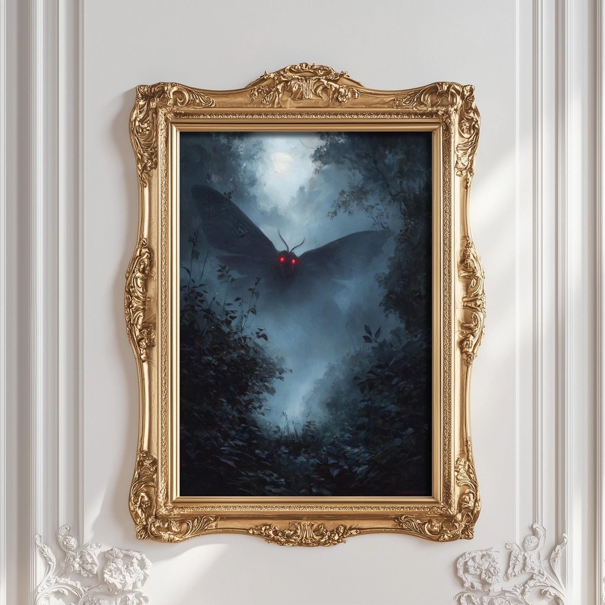 a large moth with glowing red eyes, flying through a misty, dark forest.
