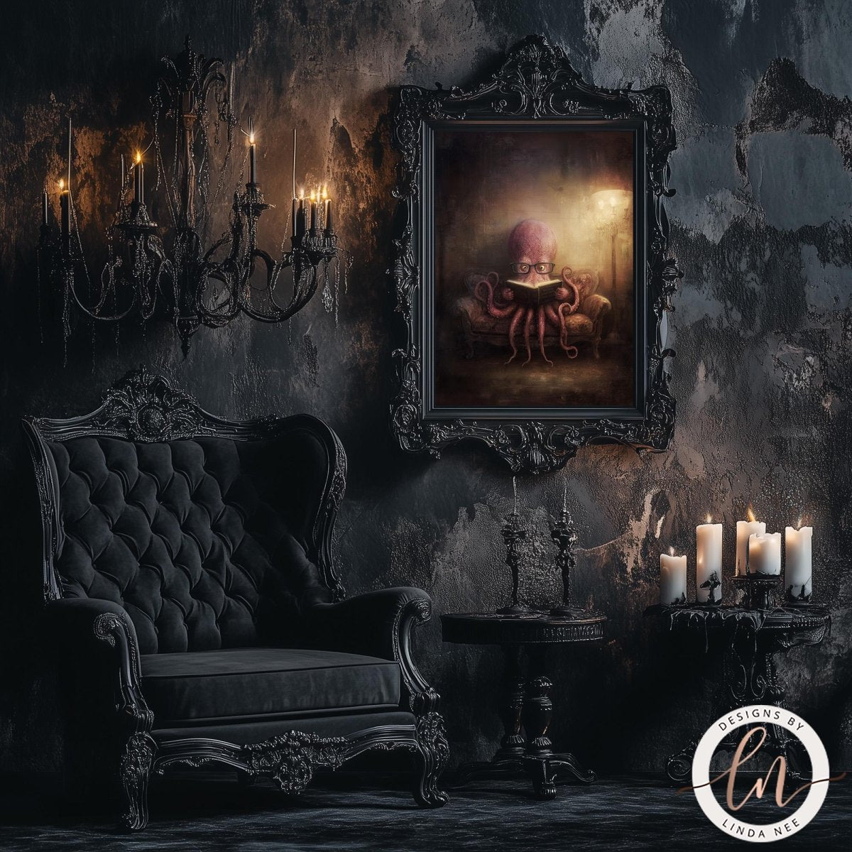 a dark, gothic-style room with a large, ornate chandelier, a black tufted armchair, and a framed painting of an octopus on the wall.