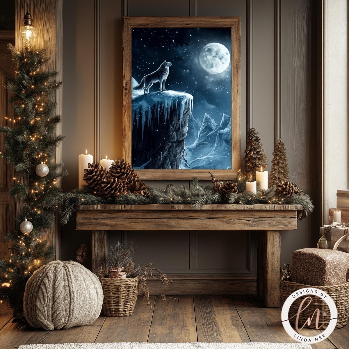 a cozy and festive room decorated for Christmas. A large framed picture of a wolf howling at the moon is displayed on the wall, with pine cones and candles arranged on a wooden table below it. A Christmas tree is visible on the left side of the room, and a wicker basket is placed on the floor. The overall atmosphere of the room is warm and inviting, with the holiday decorations and the wolf-themed artwork adding a touch of wilderness and magic to the space.