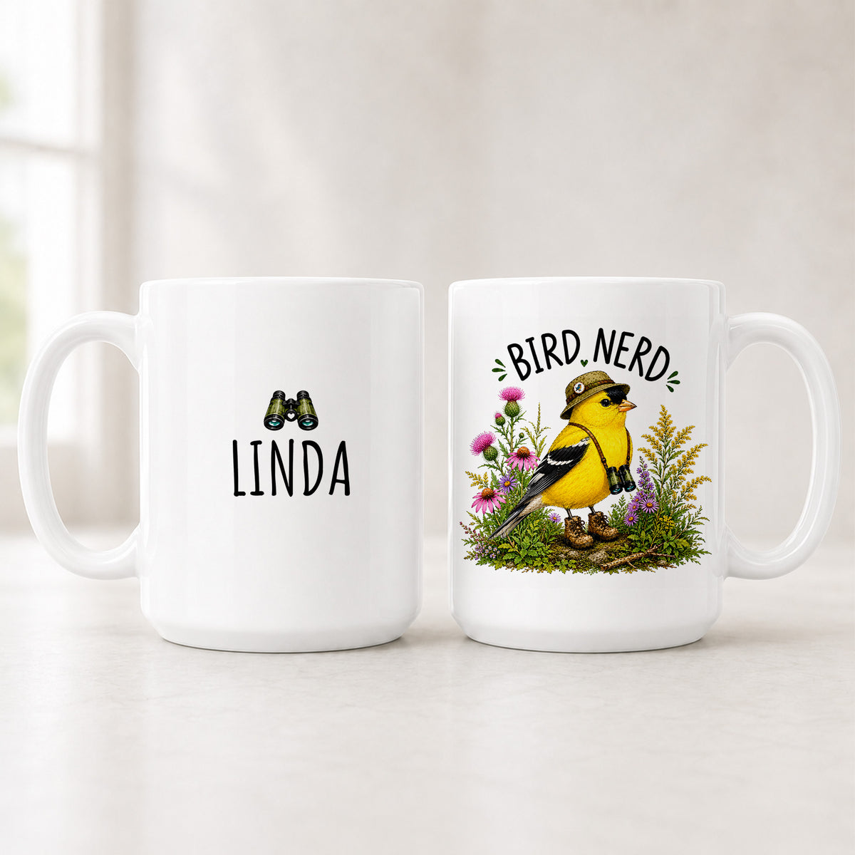 Front and back of the 15 oz American Goldfinch Bird Nerd mug, the name LINDA on one side and the goldfinch on the other