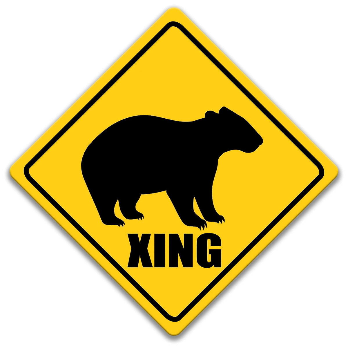 a yellow diamond-shaped sign with a black silhouette of a wombat and the word "XING" below it.