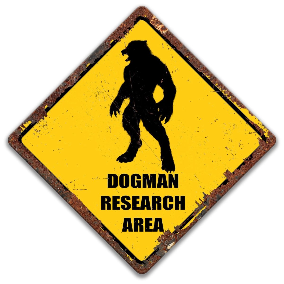 Dogman research area sign, clean finish, dog-headed humanoid silhouette with DOGMAN RESEARCH AREA text