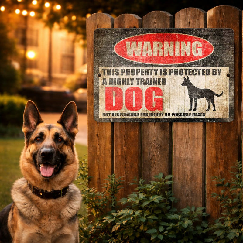 German Shepherd sitting in front of a wooden fence with a humorous 'warning' sign.