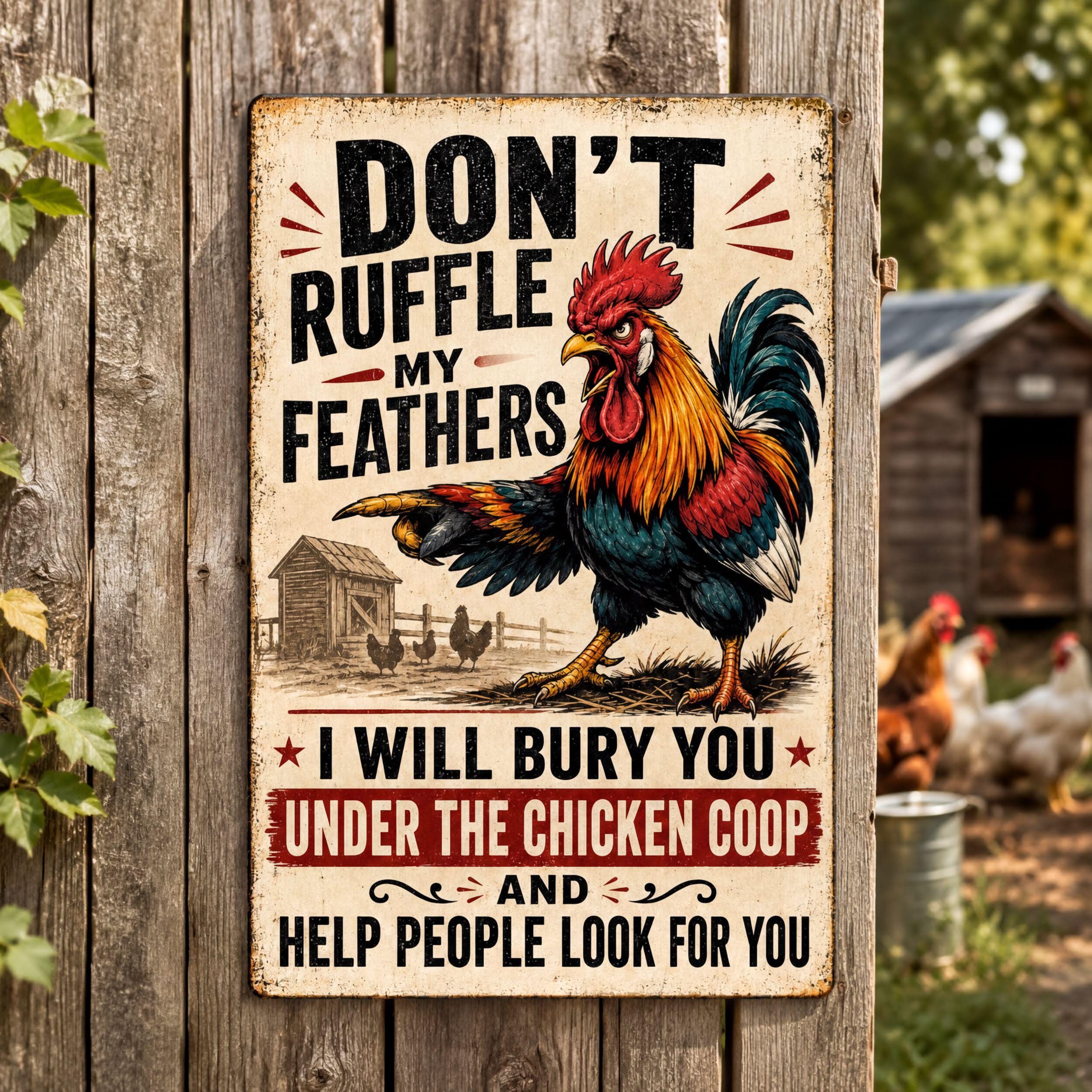 a sign with a rooster and text that reads "DON'T RUFFLE MY FEATERS I WILL BURY YOU UNDER THE CHICKEN COOP AND HELP PEOPLE LOOK FOR YOU".