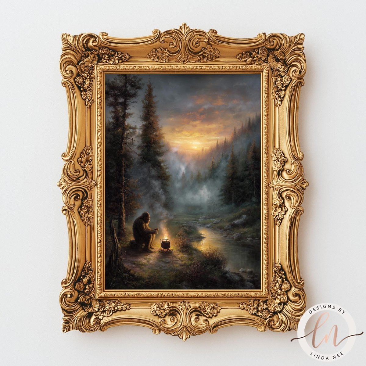 The image is a painting of a person sitting by a campfire in a forest, with a sunset in the background.