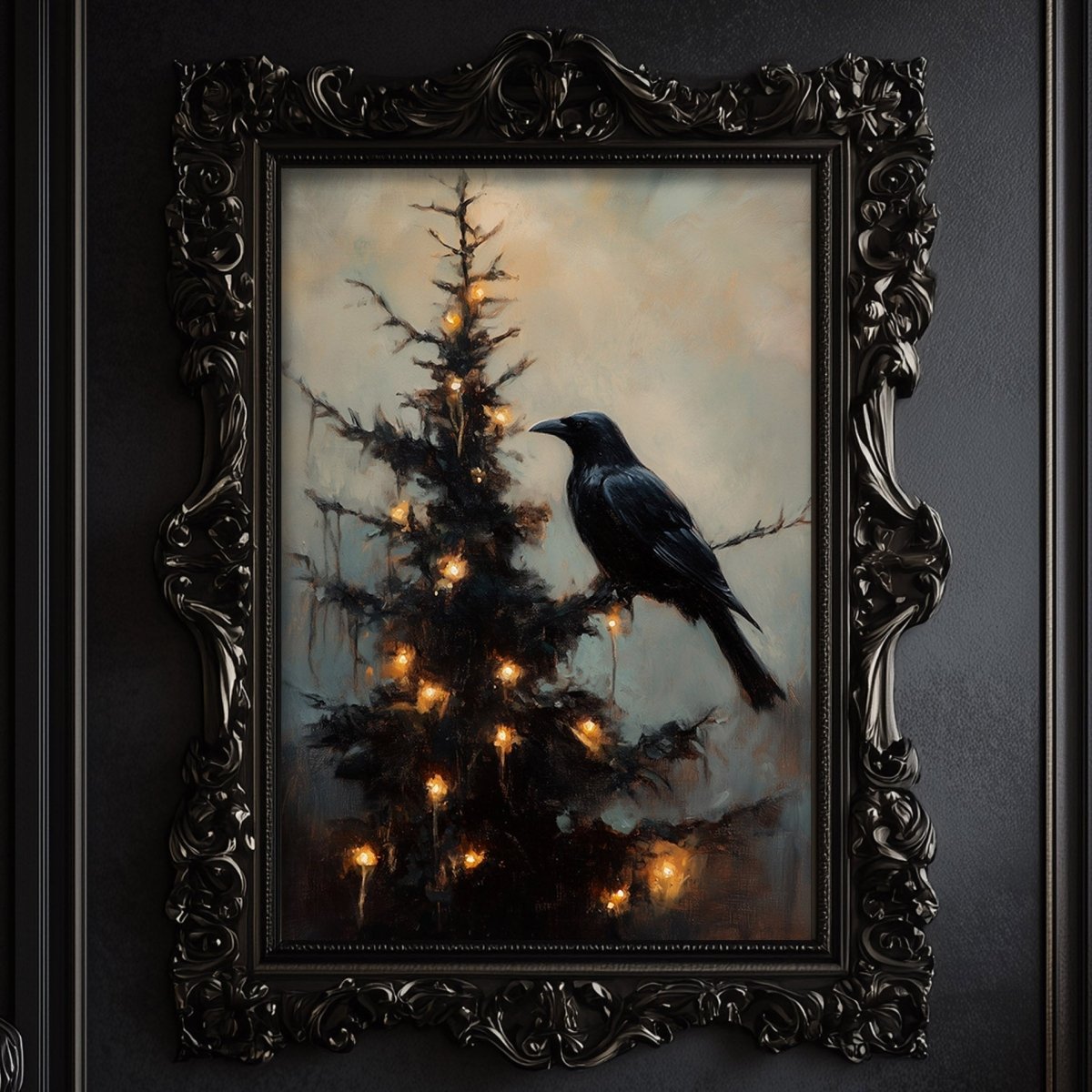Black raven perched on a Christmas tree branch strung with twinkling lights