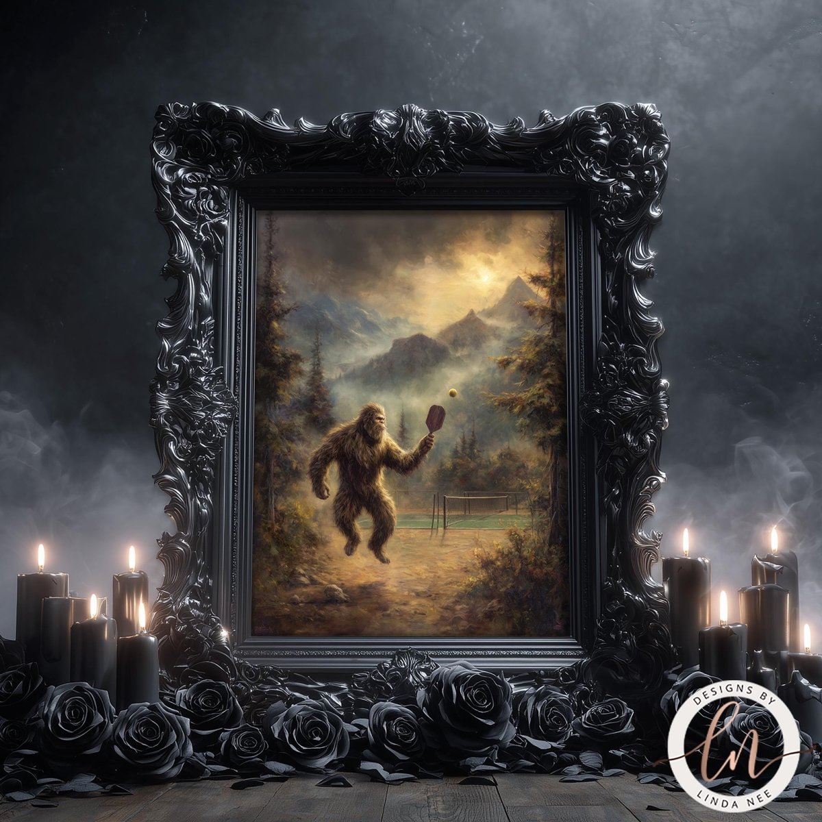 Painterly fantasy illustration of Bigfoot playing pickleball on a hidden outdoor court in the mountains, mid-swing with a paddle as a ball floats in front of him, surrounded by misty pine trees, dramatic golden clouds, and rugged peaks in the background.
