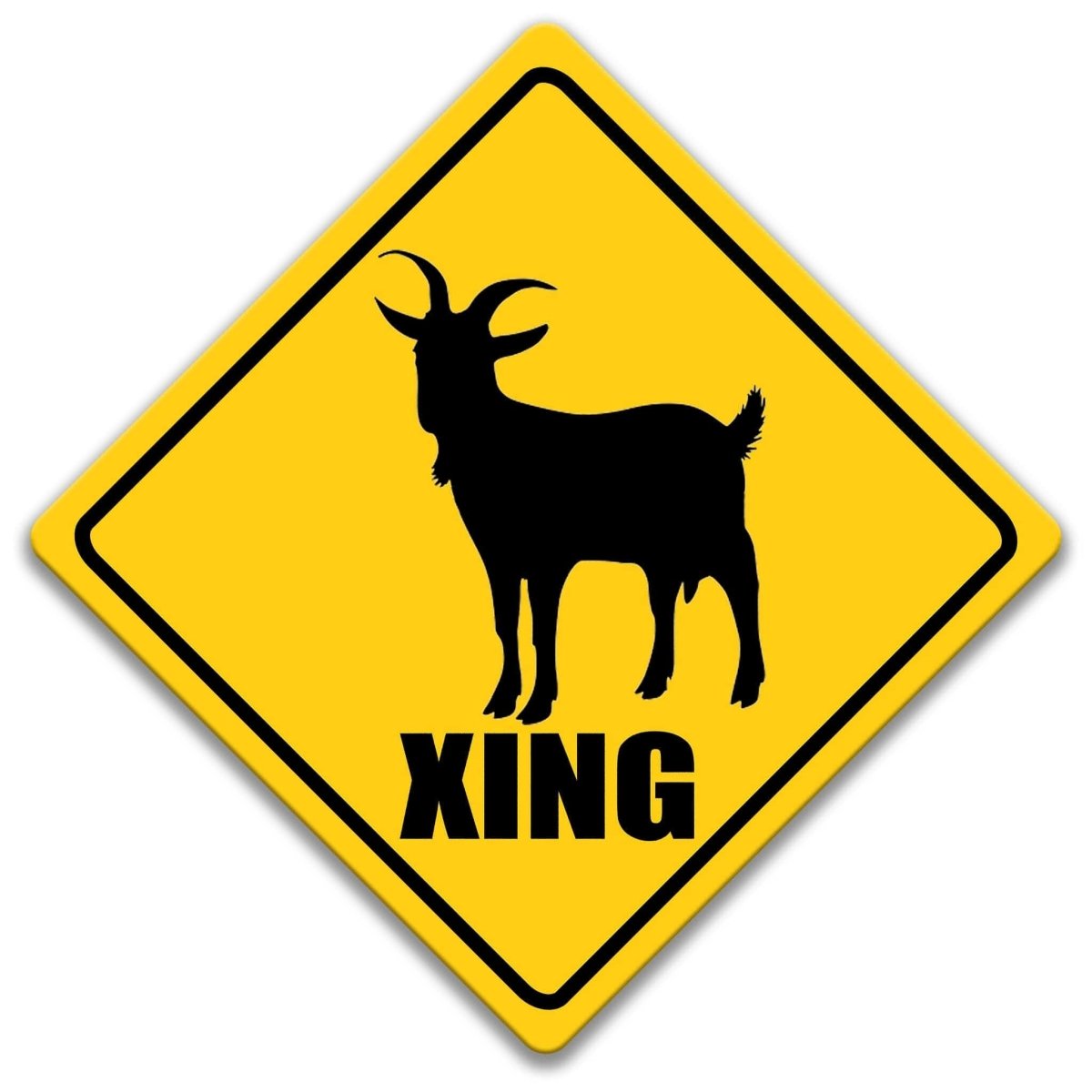 A yellow diamond-shaped road sign with a black silhouette of a goat and the word "XING" below it.